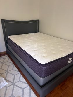 Gray Upholstered Bed Frame with Nailhead Headboard