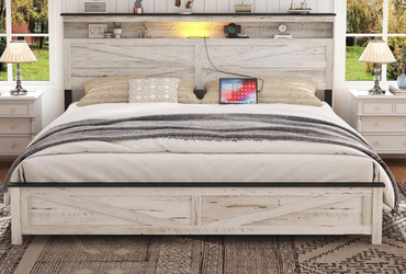 King Size Farmhouse Wooden Bed Frame with Storage Headboard