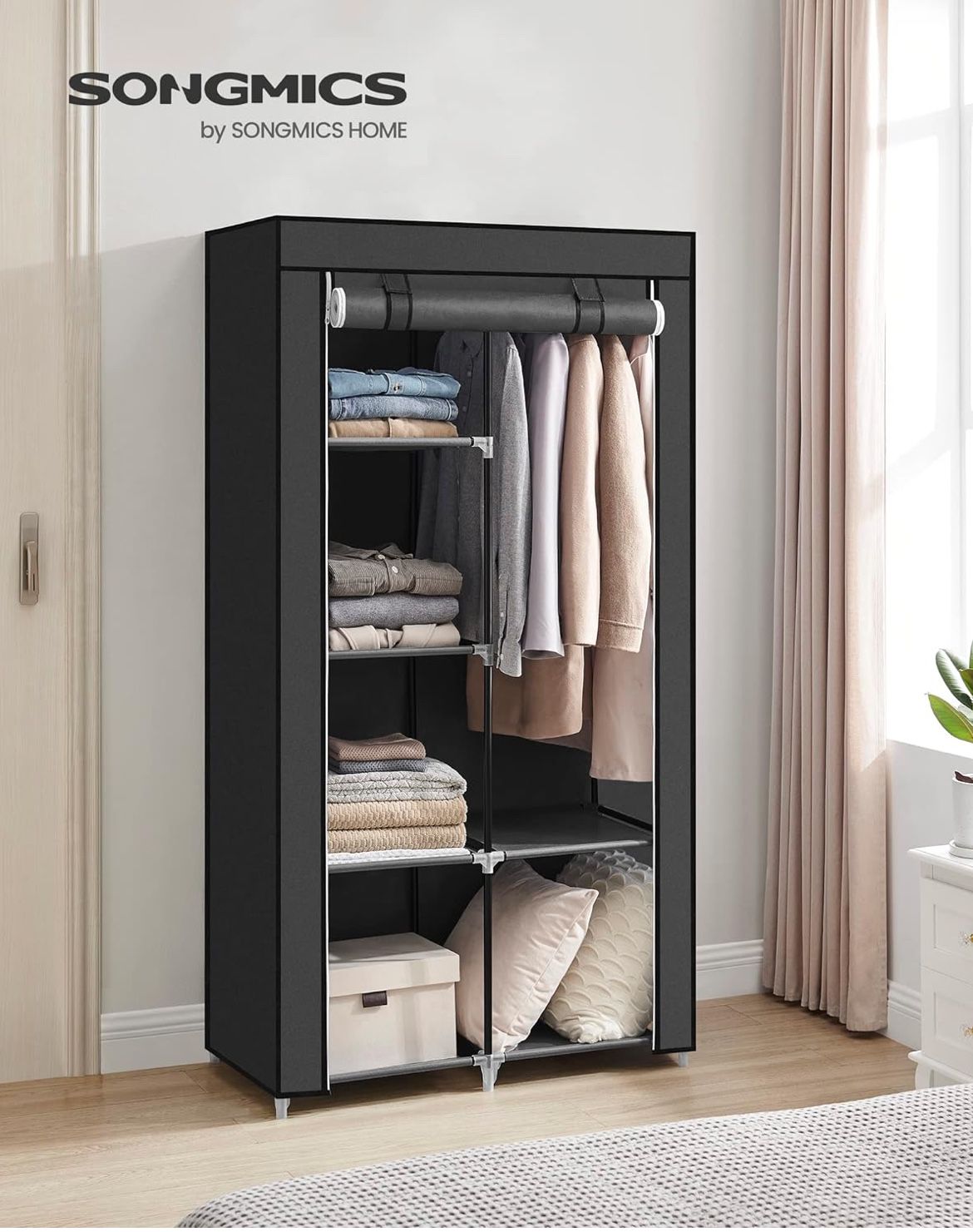 SONGMICS Portable Closet, Clothes Storage Organizer with 6 Shelves, 1 Clothes Hanging Rail, Non-Woven Fabric Closet, Metal Frame, 34.6 x 17.7 x 66.1 I