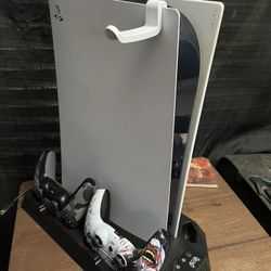 PS5 Disc Edition Bundle- With Cooling Stand, 2 Controllers, Headset Hangar, Variety Of Games.