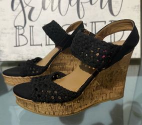 POP by EDL Black Braided Strappy Cork Wedge Platform Sandals - Size 6.5