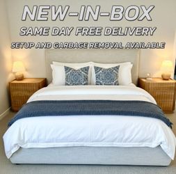 Gorgeous Light Gray Upholstered King Bed, Tall Headboard | Slat or Adjustable Base Compatible