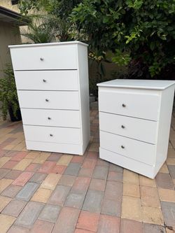 White Dresser Set – Tall 5-Drawer and 3-Drawer