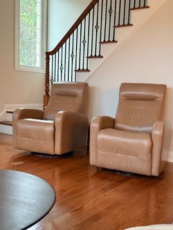Pair of Tan Leather Swivel Recliner Chairs