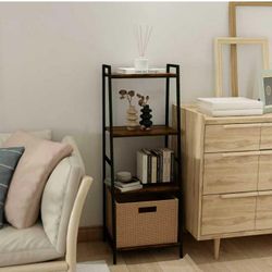 4 Tier Ladder Shelf, Industrial Bookshelf with Metal Frame, Freestanding Plant Flower Display Rack for Living Room, Bedroom, Home Office, Brown, NEW.
