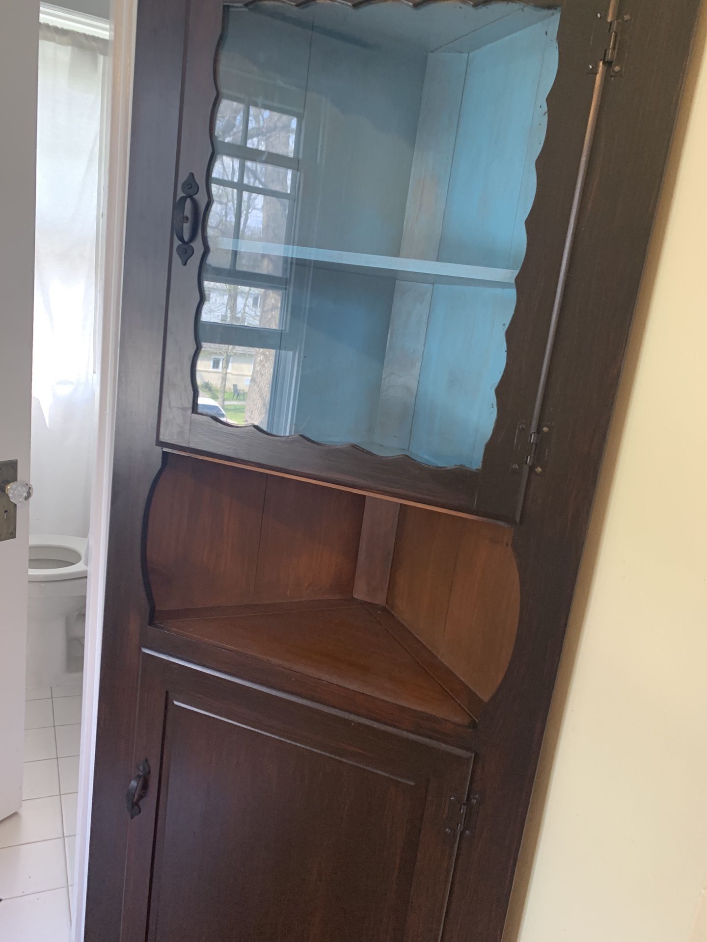 Moving Sale! Corner Cabinet with Shelves-Stained Wood