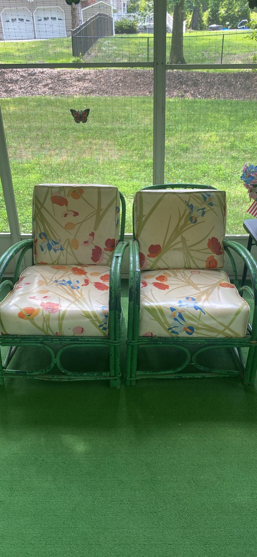 2 Green Vintage Bamboo Chairs w/plastic Cushions