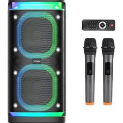 Portable Bluetooth Karaoke Machine PA System with 2 Wireless Microphones Disco Lights Retails $150