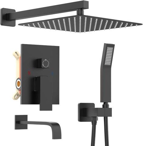 12" Full Set Rain Shower System with Handheld Head And Spout High Pressure Valve Matte Black