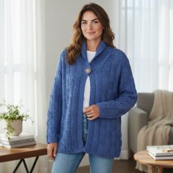 Handmade Irish Merino Wool Ocean Blue Cottage Cable Knit Oversized Sweater Small. 