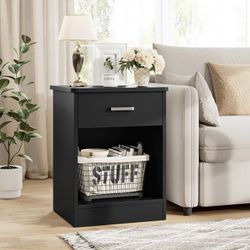 Black Nightstand, 1 Drawer and Storage Shelf,