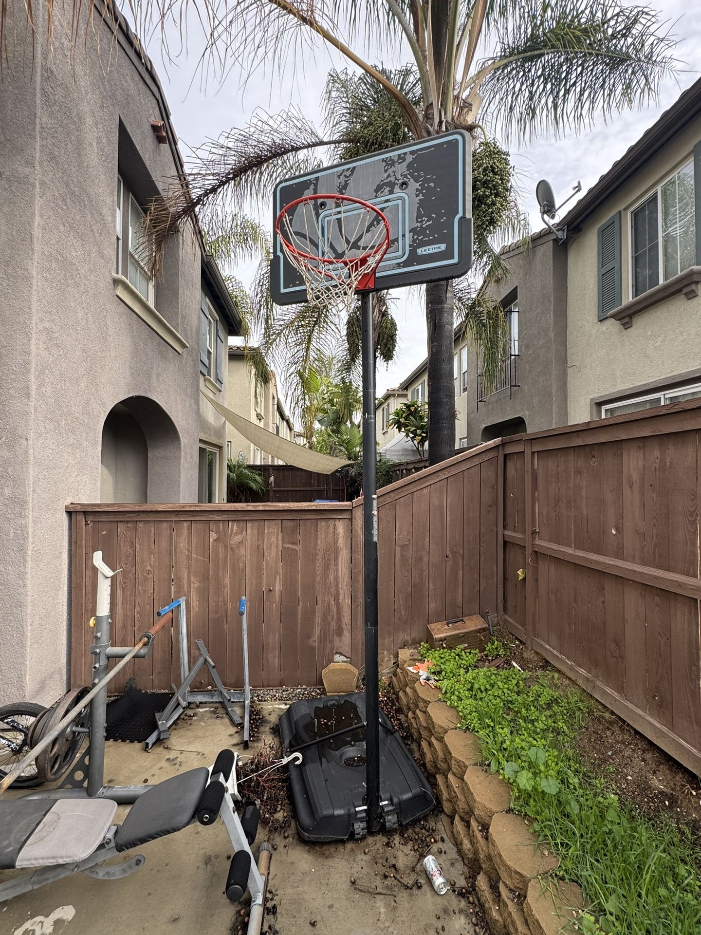 basketball hoop, bench, and weights