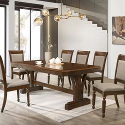 Brown Cherry Finish Table with 6 Cushion Chairs
