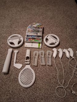 Nintendo Wii Games Lot CIB- 8 Games including Wii sports and Mariokart Wii+2 Steering Wheels and all Wii sports attachments(bat, tennis racket, boxing