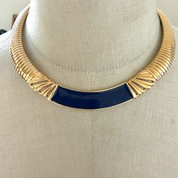 Monet Gold Tone Collar Necklace Blue Enamel Statement Choker