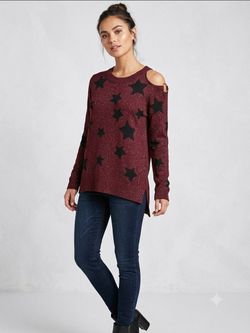 Burgundy Star Print Cold Shoulder Sweater