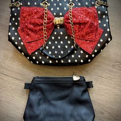 LIKE NEW Betsey Johnson Polka Dot Purse with Red Sequin Bow