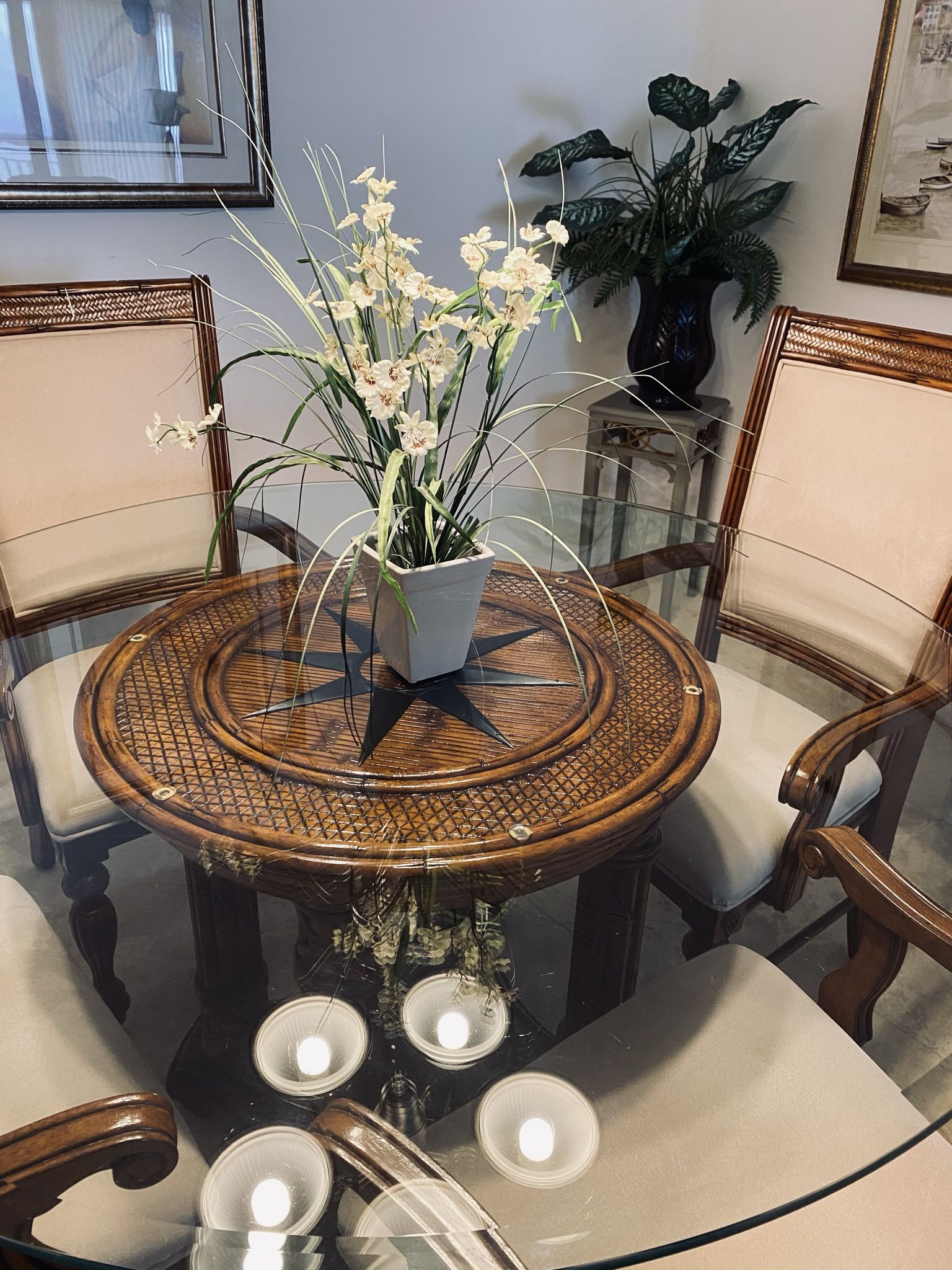 Beautiful Designer Decor. High quality ceramic pot. Artistic artificial flowers. Like new condition. Pot with flowers: 24” high. Pot itself is 6” high