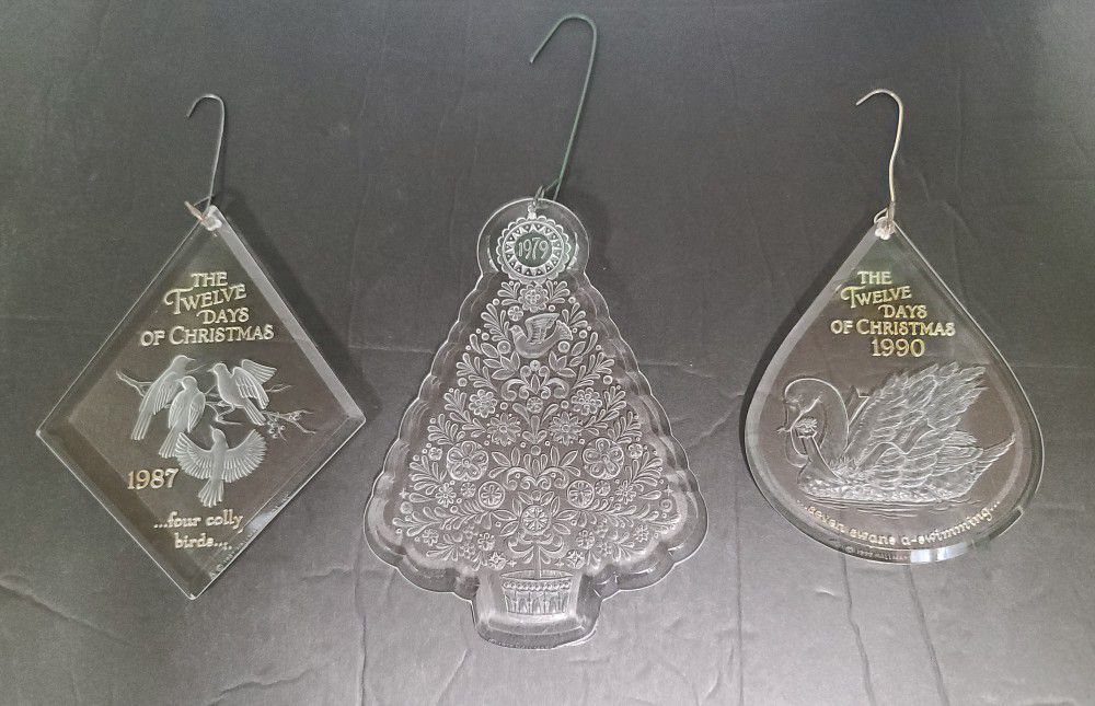 3 Vintage Plastic Christmas Ornaments, 1979, 1987, And 1990