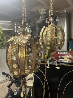 2 Vintage MCM Boho Jeweled Hanging Pierced Brass Moroccan Swag Lamp Lights 