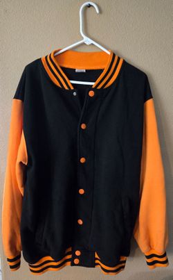 Men’s Varsity Jacket Black/Orange XL Button Front Band Collar Solid