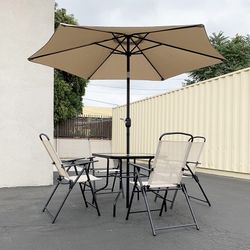 (New) $140 Outdoor Patio 6pcs Set (32x32” Table, 4pc Chairs and 10ft Umbrella) 