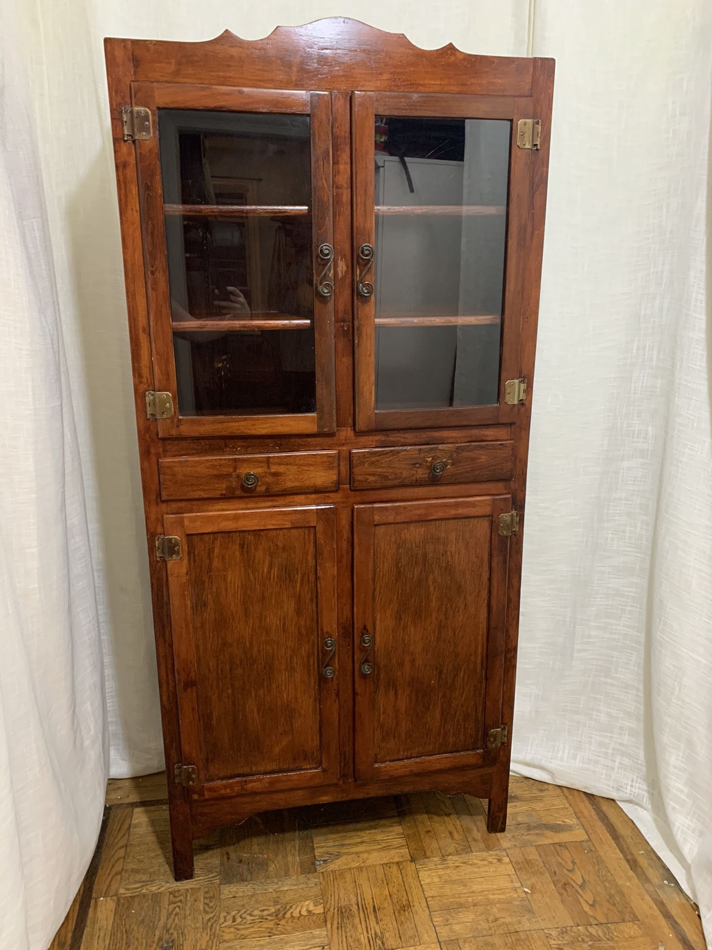 Vintage Antique Solid Cherry Wood 1900's China Cabinet Iron Glass