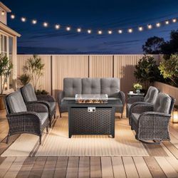 Rotavia Brown PE Wicker 7-Piece Outdoor Rectangular Fire Pit Table Patio Conversation Sofa Set with Gray Cushions