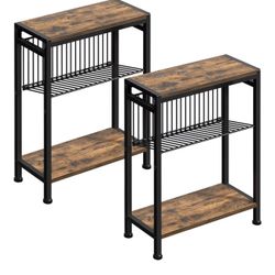 New Small Side Table Set of 2 for Small Space, 3-Tier Narrow End Table with Magazine Holder, Slim Nightstand, Skinny Snack Couch Table in Living Room,