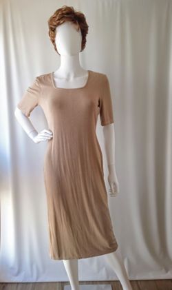 Tan Ribbed Knit Midi Dress