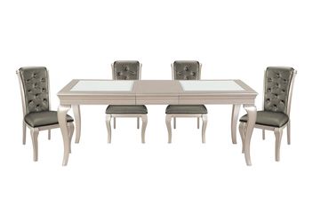 Modern Silver Finish 7pc Dining Set Table with Extension Leaf Traditional 6Side Chairs Crystal Button Tufted Wooden Furniture
