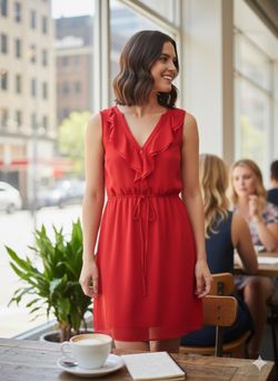 💃 H&M Bright Red Ruffle V-Neck Dress - Size 8 (Worn Once!) 🌹