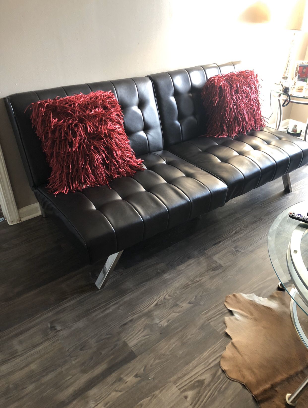 Brown leather futon/couch and chair