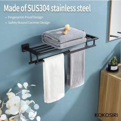 (Brand New in Box)  KOKOSIRI Bath Towel Rack with Double Towel Bars Bathroom Towel Shelf 24 Inch Towel Holder Wall Mounted Stainless Steel, Matte Blac