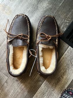 Brown Leather Moccasin Slippers with Shearling Lining