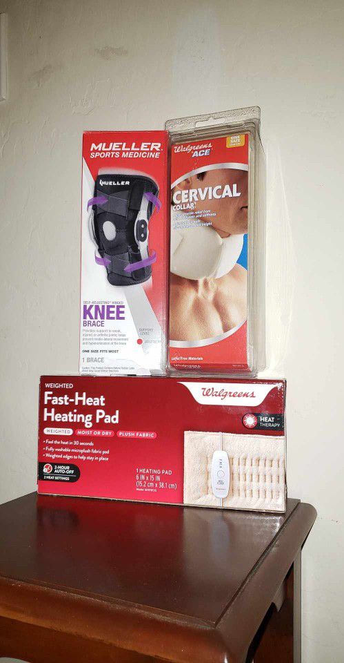 X3 NEW IN PACKAGE WALGREENS ACE CERVICAL COLLAR KNEE BRACE ONE SIZE HEATING PAD SET