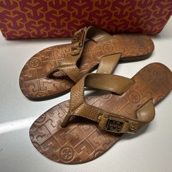 Tory Burch Thora Thong Sandal Flip Flops Royal Tan Leather Gold Logo Flats Summer Sz 6