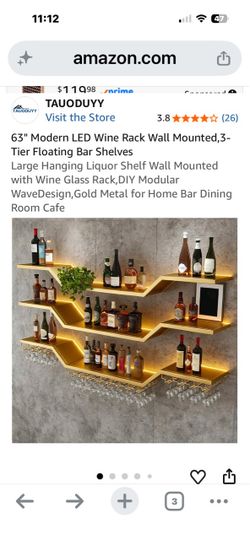 63" Modern LED Wine Rack Wall Mounted,3-Tier Floating Bar Shelves