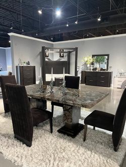 sleek brown marble look dining set w/chanel tufted dining chairs
