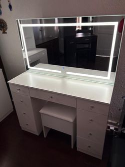 White Vanity Desk with LED Mirror and Stool