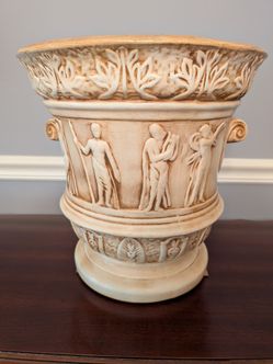 Vintage 1970s Greco-Roman Hand-Painted Ceramic Floor Planter--Classical Bas-Relief Detail