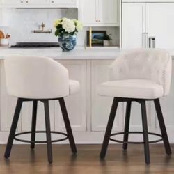 26 in. Beige Fabric Upholstered Metal Frame Counter Height Swivel Bar Stools with Matte Silver Rivet