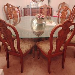Formal Glass Top Dining Table And Chairs Includes Bar Armoire With Round Mirror And Marble Top 