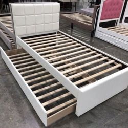 Twin Twin White Trundle Bed W Ortho Mattress 