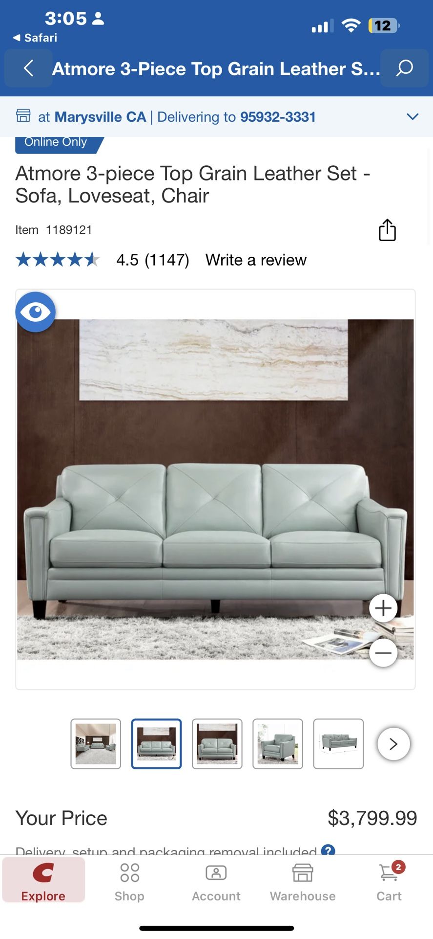 Abbyson Atmore 2-piece Top Grain Leather Set - Sofa, Loveseat, Light Blue
