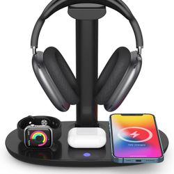 Headphone Stand with 15w Wireless Charger, Suguder 4 in 1 Charging Station Headset Holder for AirPods Max/Pro/4/3/2 iWatch 10/9/8/7/6/5/4/3/2/1/SE iPh