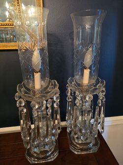 Listing: Pair of Vintage Crystal Hurricane Lamps with Prism Drops