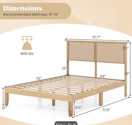 Full Size Wood Platform Bed with Rattan Headboard