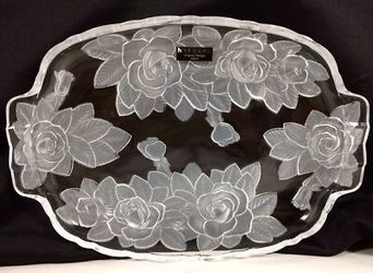 Home Beautiful Crystal ROSE PEARLS Satin Clear Serving Platter 15 1/2" Vtg