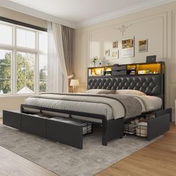 Modern King Bed Frame with 5 Drawers & 2-Tier Storage Headboard, Velvet Upholstered Platform Bed with LED Lights and Charging Station, No Noise, No Bo